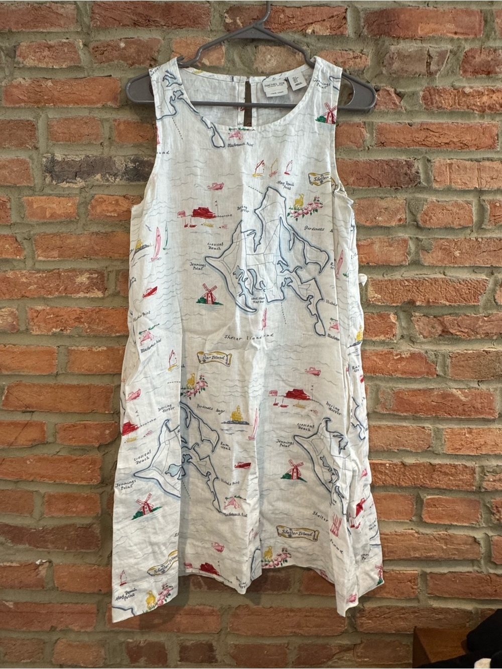 Linen Sleeveless Map Print Shift Dress, size Small